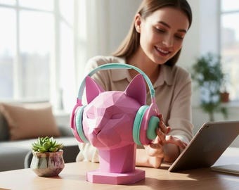 Headphone Stand Cat, Low-Poly Geometric Bust, Modern 3D Printed Desk Decor