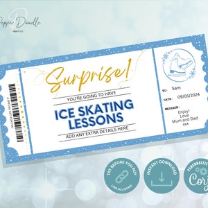 Vale de regalo de lecciones de patinaje sobre hielo editable - Vale imprimible - Personalizar - Vale de regalo digital - Vale de regalo sorpresa