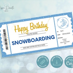 Editable Snowboarding Gift Voucher - Printable Voucher -  Personalise - Digital Gift Voucher - Birthday Gift Voucher