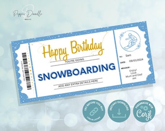 Editable Snowboarding Gift Voucher - Printable Voucher -  Personalise - Digital Gift Voucher - Birthday Gift Voucher
