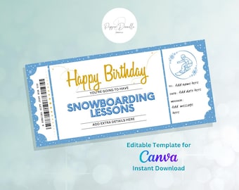 Snowboarding Lessons Gift Voucher: Printable Birthday Gift (Digital Download)