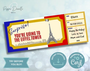 Editable Voucher - Eiffel Tower Paris - Printable - Personalise - Digital Gift Voucher - Surprise Ticket - Boarding Pass - Gift Voucher