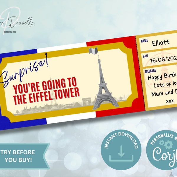 Editable Voucher - Eiffel Tower Paris - Printable - Personalise - Digital Gift Voucher - Surprise Ticket - Boarding Pass - Gift Voucher