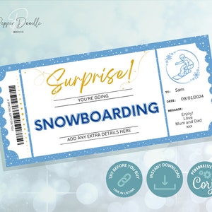 Editable Snowboarding Gift Voucher - Snowboarding Break Printable Voucher -  Personalise - Digital Gift Voucher - Surprise Gift Voucher