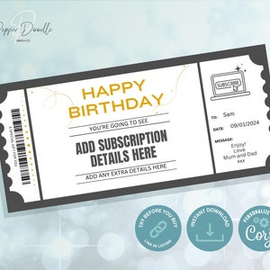 Voucher de assinatura de aniversário editável - Personalize - Vale-presente digital para assinatura online / jogos / revistas