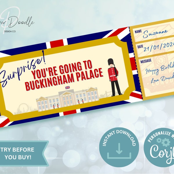 Editable Voucher - Buckingham Palace- Printable - Personalise - Digital Gift Voucher - Surprise Ticket - Boarding Pass - Gift Voucher