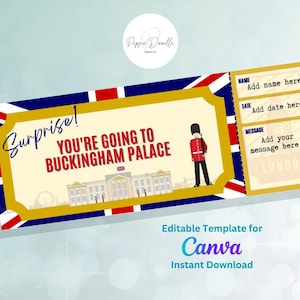 Edytowalny Voucher - Pałac Buckingham - Do druku - Personalizuj - Cyfrowy Voucher upominkowy - Bilet niespodzianka - Karta pokładowa - Voucher upominkowy
