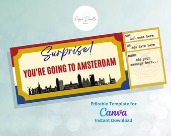 Amsterdam Surprise Trip Ticket: Editable Canva Gift Voucher Template (Digital Download)