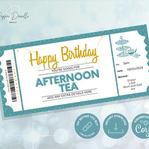 Vale presente de aniversário editável para chá da tarde - Personalize - Vale presente digital - Vale presente para chá da tarde