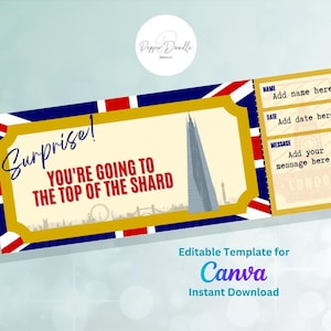 Edytowalny Voucher - London Shard - Do druku - Personalizuj - Cyfrowy Voucher upominkowy - Bilet niespodzianka - Karta pokładowa - Voucher upominkowy