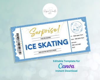 Editable Ice Skating Gift Voucher: Printable, Personalizable (Canva Template Digital Download)