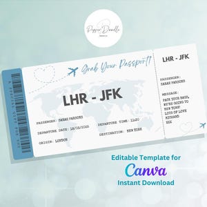 Cartão de embarque editável - Imprimível - Personalizável - Vale-presente digital - Ingresso surpresa - Pegue seu passaporte Cartão de embarque - Vale-presente