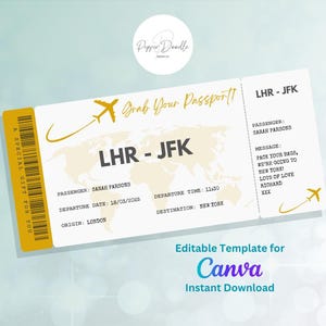 Cartão de embarque editável - Imprimível - Personalizável - Vale-presente digital - Ingresso surpresa - Pegue seu passaporte Cartão de embarque - Vale-presente