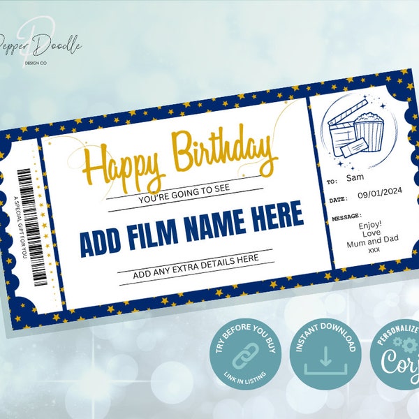 Editable Cinema / Movie Film Themed Birthday Voucher -  Personalise - Digital Gift Voucher - Cinema Ticket - Movie Premiere - Film Premiere