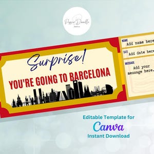 Editable Voucher - Barcelona - Printable - Personalise - Digital Gift Voucher - Surprise Ticket - Boarding Pass - Gift Voucher