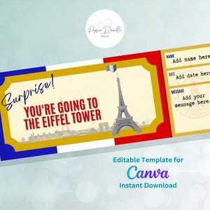 Bono editable - Torre Eiffel París - Imprimible - Personalizable - Bono regalo digital - Billete sorpresa - Tarjeta de embarque - Bono regalo