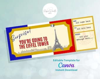 Eiffel Tower Paris Trip Ticket: Printable Surprise Gift Voucher (Canva Template)