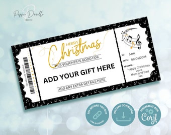 Editable Christmas Gift Voucher - Music Themed Voucher -  Personalise - Digital Gift Voucher - Holiday Gift Voucher