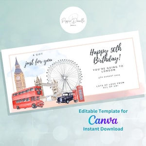 Bearbeitbarer Gutschein - London City Break - Druckbar - Personalisieren - Digitaler Geschenkgutschein - Überraschungsticket - Bordkarte - Geschenkgutschein