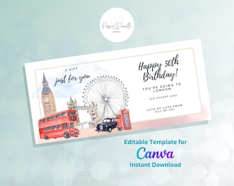 London City Break Gift Voucher: Surprise Ticket, Editable Canva Template (Digital Download)