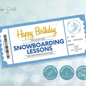Editable Snowboarding Lessons Gift Voucher - Printable Voucher -  Personalise - Digital Gift Voucher - Birthday Gift Voucher