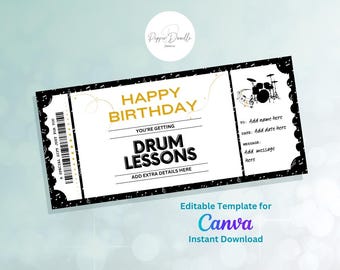 Editable Drum Lessons Birthday Gift Voucher (Digital Download)