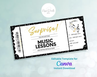 Editable Music Lesson Gift Voucher: Printable Canva Template (Digital Download