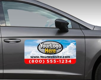 May include: A rectangular car magnet with a blue sky and cloud background. The magnet features the text "YourLogo Here" in a black oval, a website address, and a phone number in a red bar.