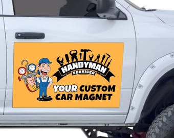 May include: A rectangular car magnet with a yellow background is affixed to a white truck door. The magnet features a cartoon handyman holding a tool and the text "Handyman Services" and "Your Custom Car Magnet".