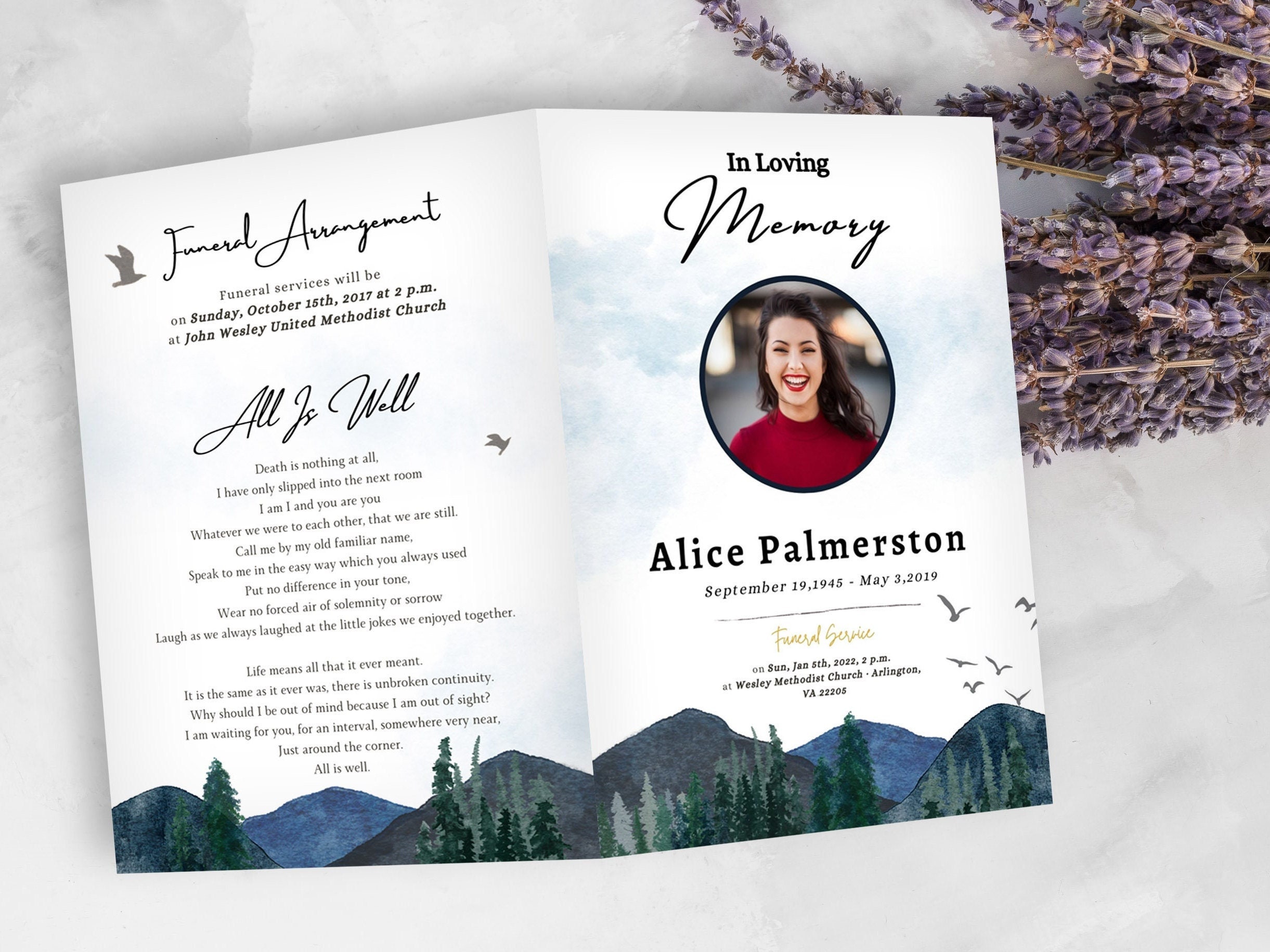 Mountain Bird Funeral Program Template: Celebration of Life (digital ...