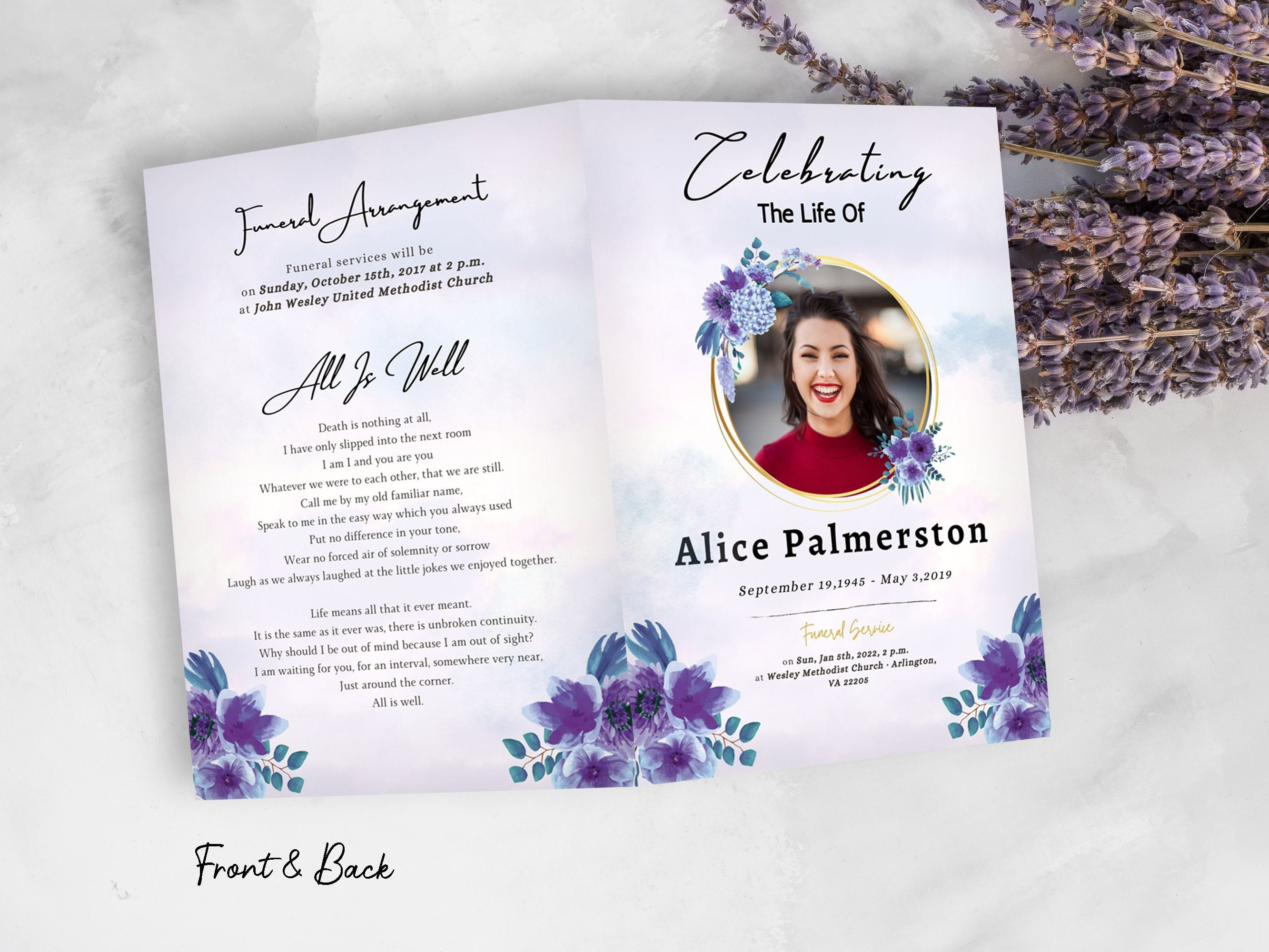 Celebration of Life Obituary Template, Purple Funeral Program, Funeral