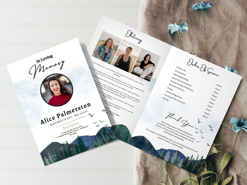 Mountain Bird Funeral Program Template: Celebration of Life (digital ...
