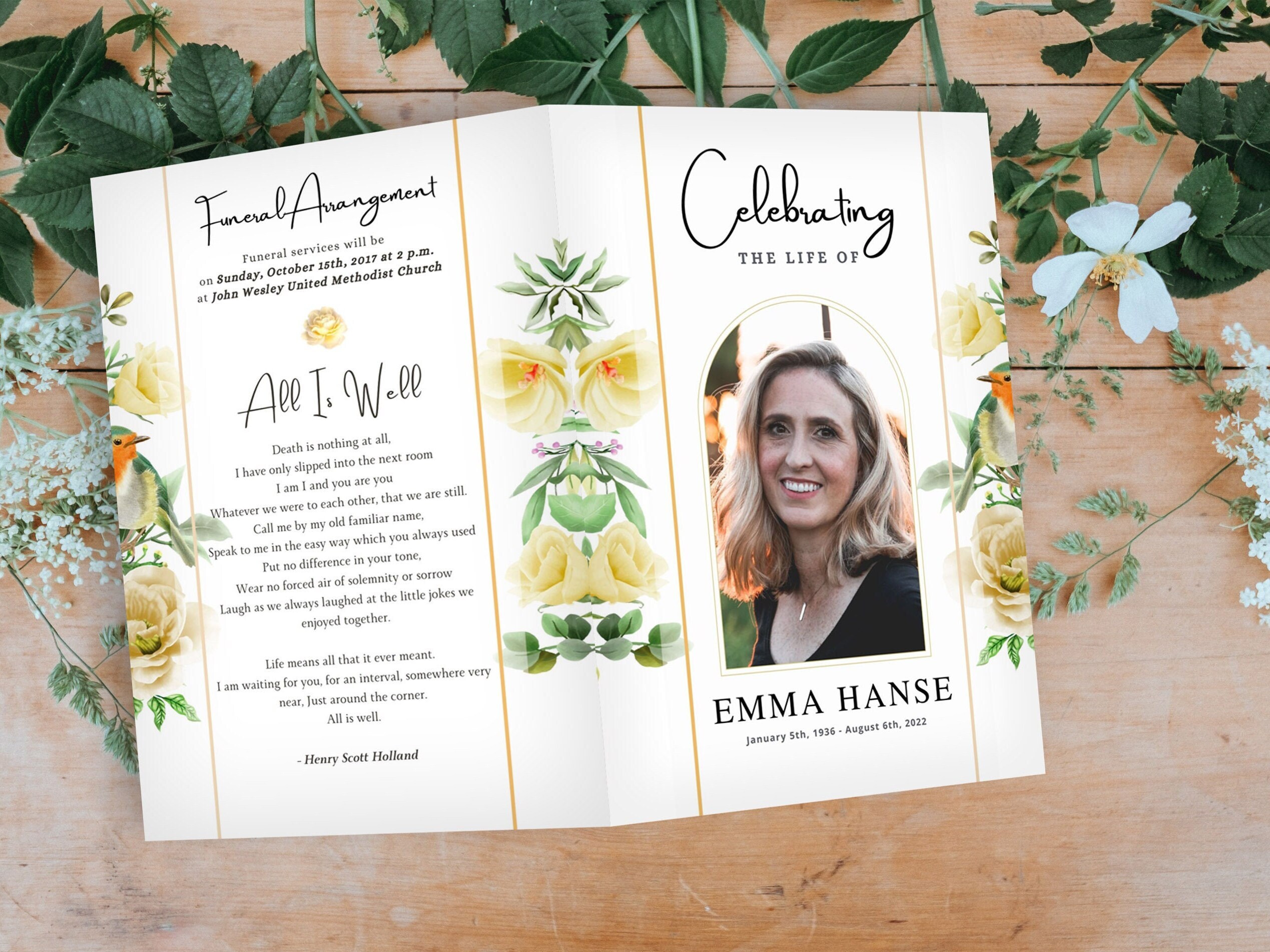 Yellow Rose Funeral Program Template Editable Memorial - Etsy