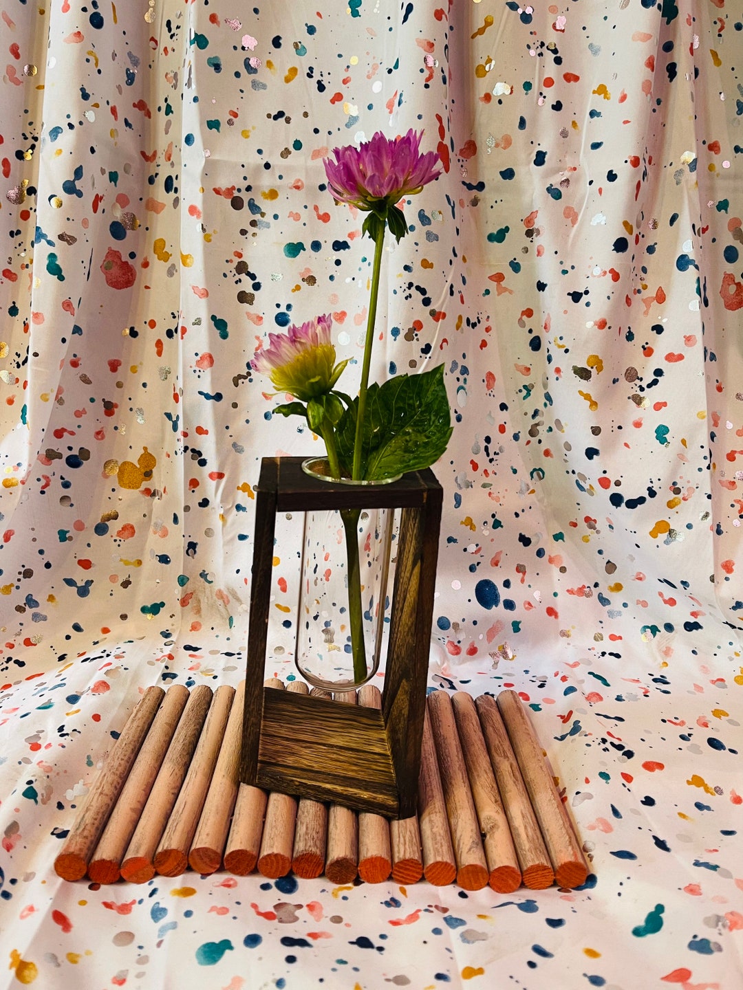 Glass and Wood Planter Glass Vase W/wood Stand Propagation Station Glass Vial Vase Indoor