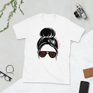 mom life t shirt, mom gift, messy bun, holiday colors, cool sunglasses and messy bun mom