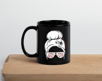 Mom life Black Glossy Mug, messy bun mom mug, gift for her, perfect for mom, my happy drink, mug