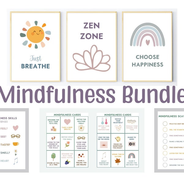 Mindfulness Bundle: Zen Zone Poster, Just breathe, Choose Happiness, Mindfulness Cards, 5 senses & Calming Activity for Anxiety Relief