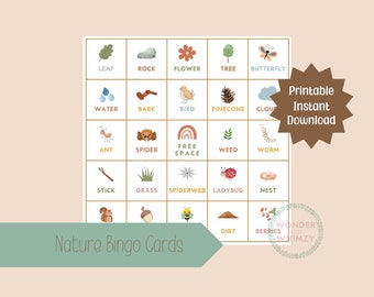 May include: Printable nature bingo cards with illustrations of various nature items, including a leaf, rock, flower, tree, butterfly, water, bark, bird, pinecone, ant, spider, free space, weed, worm, stick, grass, spiderweb, ladybug, nest, dirt, and berries. The text "Printable Instant Download" is in a starburst shape.