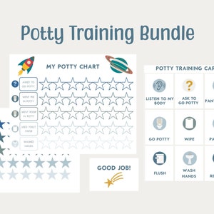 May include: A printable potty training bundle with a rocket ship and planet design. The bundle includes a potty chart with stars to color in and a set of potty training cards with illustrations and text. The text on the cards includes "Listen to my body", "Ask to go potty", "Pants down", "Go potty", "Wipe", "Pants up", "Flush", "Wash hands", and "Get reward!"