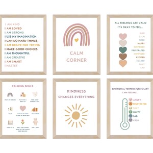 Calming Posters Pack met 6 educatieve posters: Positive Affirmations, Calm Corner, Feelings, Calming Skills, Kindness en Emotions Chart