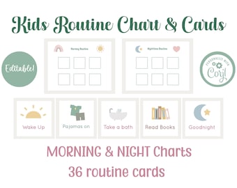 May include: Editable printable routine chart and cards for kids. The chart has two sections: morning routine and nighttime routine. There are 36 cards with different activities, such as wake up, pajamas on, take a bath, read books, and goodnight.