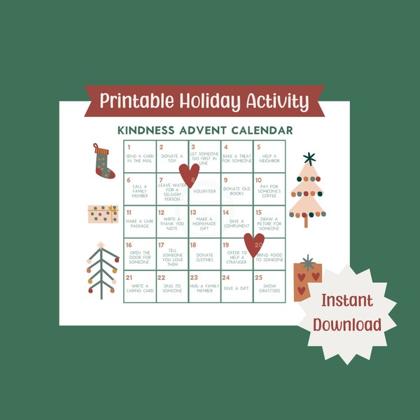 Kindness Advent Calendar | Printable Holiday Calendar | Christmas Activity for kids