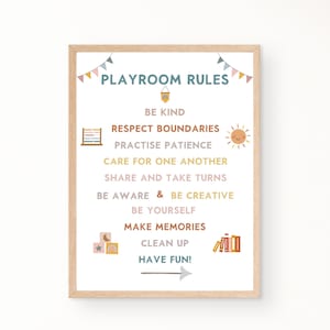 Cartel imprimible de las reglas de la sala de juegos / Cartel Montessori de descarga digital / Lista imprimible para niños en edad preescolar