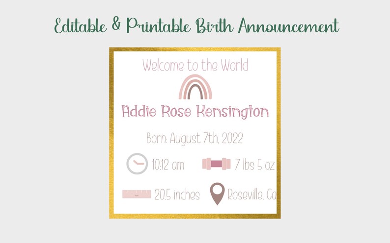 EDITABLE Birth Announcement Printable Baby Stats Sign - Etsy Australia