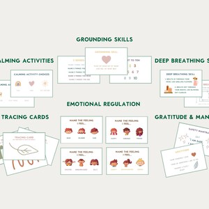 K&ouml;nnte beinhalten: Druckbare Karten f&uuml;r Kinder mit beruhigenden Aktivit&auml;ten, Erdungstechniken, Atem&uuml;bungen, emotionaler Regulierung, &Uuml;bungsbl&auml;ttern, Dankbarkeit und Mantras. Die Karten zeigen Illustrationen von Herzen, Regenb&ouml;gen, Sonnen, Bl&auml;ttern, Blumen und Menschen.