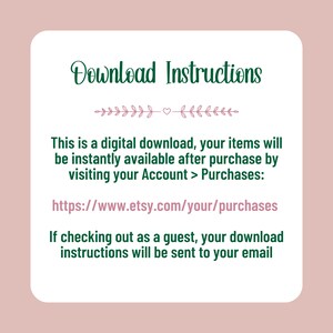 K&ouml;nnte beinhalten: Download-Anweisungen f&uuml;r digitale Artikel, die auf Etsy gekauft wurden. Die Anweisungen beinhalten einen Link zum Zugriff auf K&auml;ufe und Informationen zum Erhalt von Download-Anweisungen per E-Mail, wenn Sie als Gast auschecken.