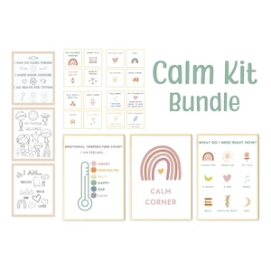 Paquete Calm Kit: Póster de esquina tranquila, Póster de alivio de ansiedad, Materiales Montessori, Tarjetas de opciones calmantes y afirmaciones para colorear