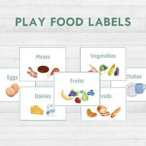 May include: Watercolor illustrations of various food categories, including meats, vegetables, fruits, dairy, and breads, are displayed on white cards. The cards are labeled with the food category names. The words "PLAY FOOD LABELS" are at the top.