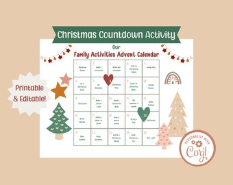 Calendario de Adviento de actividades navideñas imprimible / Cuenta atrás familiar (Descarga digital editable)