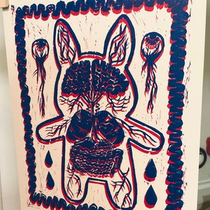 rabbit guts red&blue 3D linocut block print 9"w x 11"h